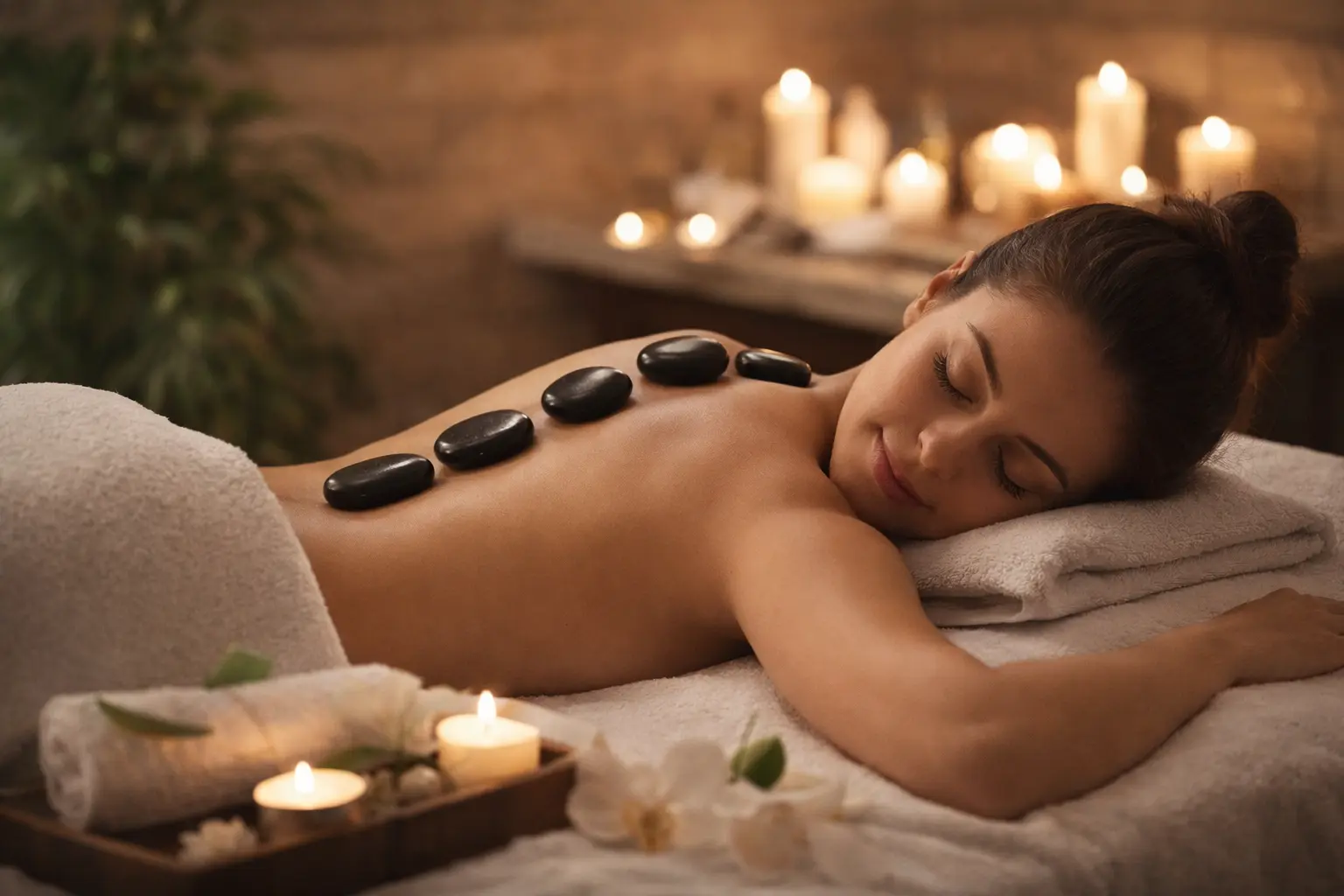 Woman enjoying a relaxing hot stone massage at a spa with heated stones placed along her back in a calm, candle-lit setting.