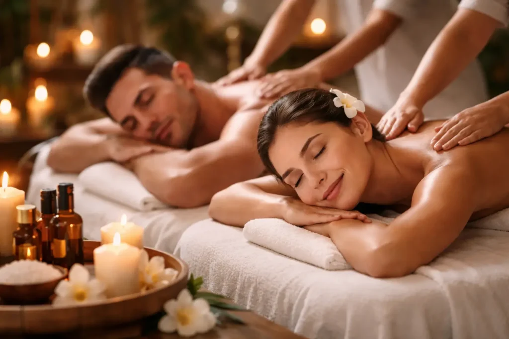 Couple enjoying a relaxing spa experience with a couple massage membership in a calm and soothing wellness setting