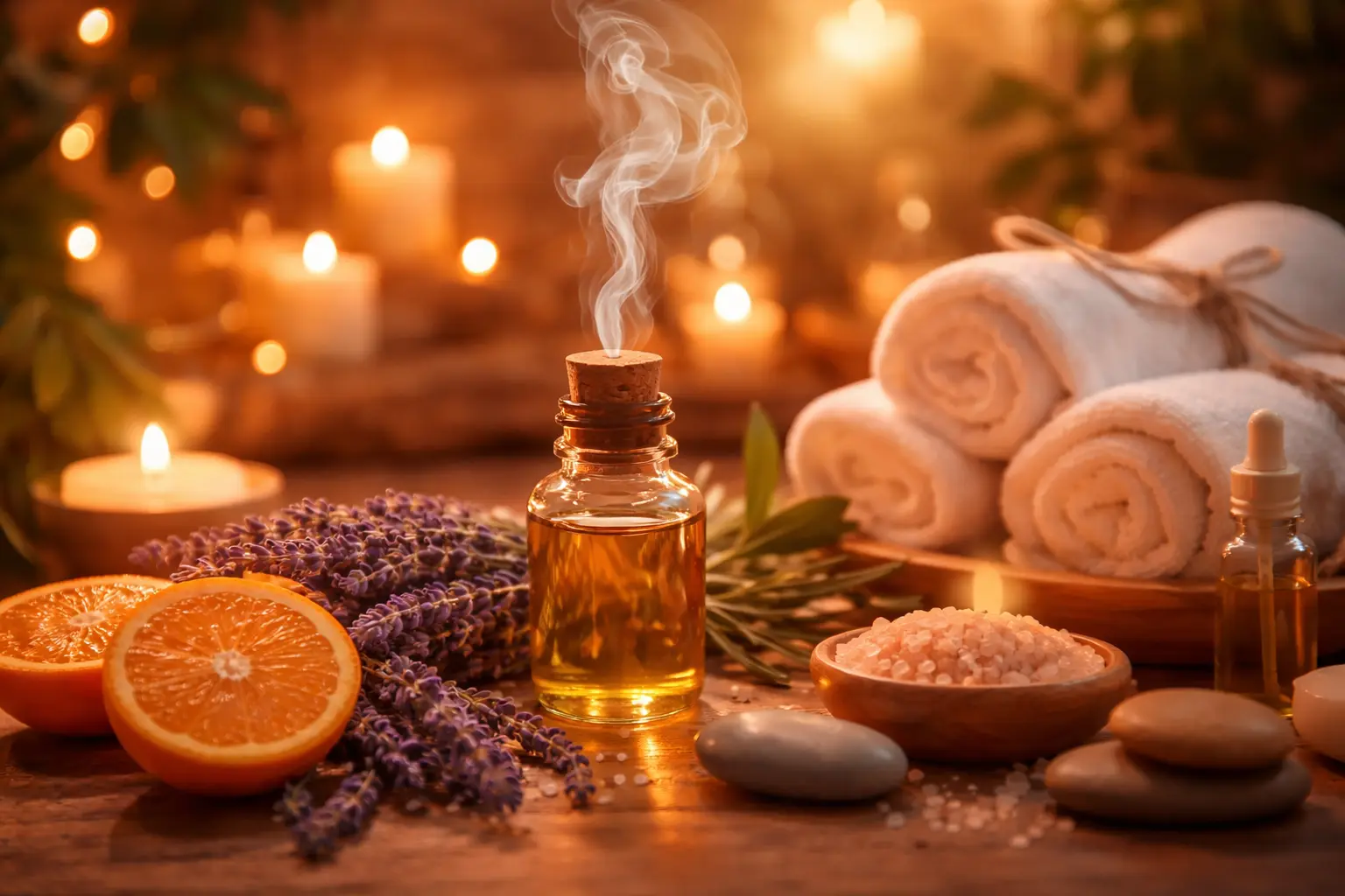 Aromatherapy massage setup with essential oil bottle, candles, lavender, and warm spa ambiance