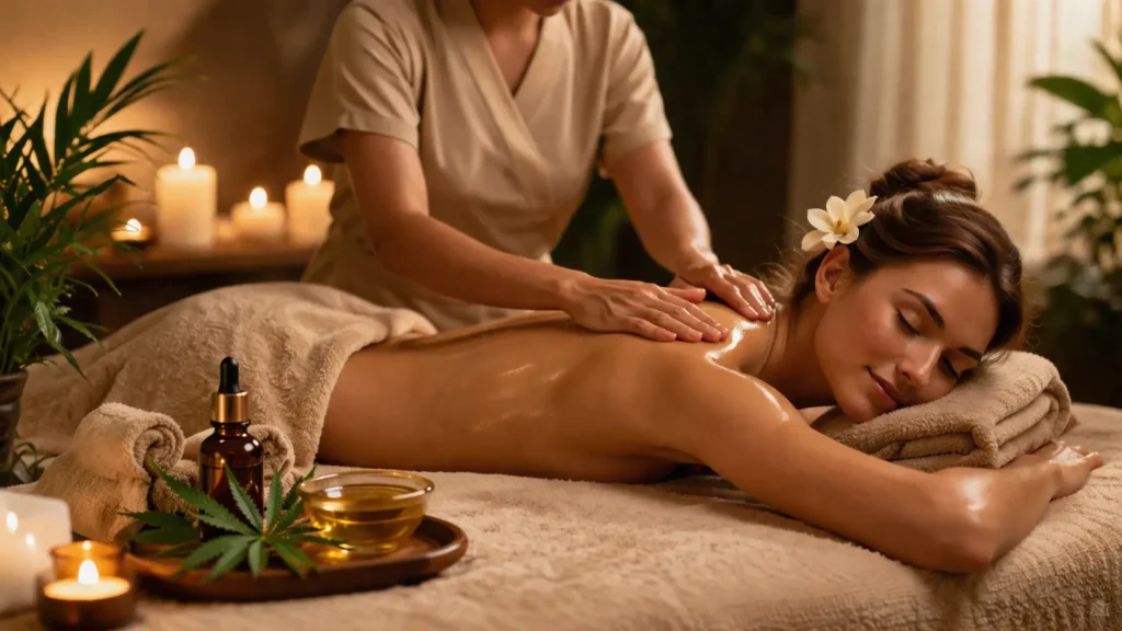 Woman receiving a relaxing CBD oil massage in a warm spa setting with candles and natural elements