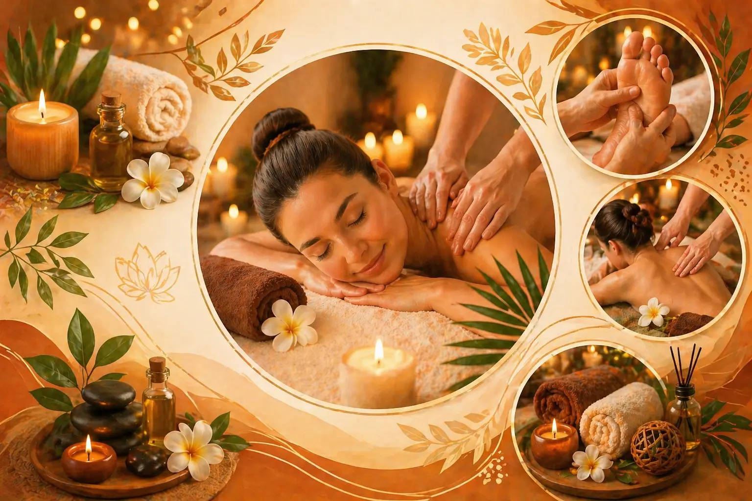 Warm-toned spa collage featuring a relaxing massage therapy session with a woman receiving a back massage, surrounded by candles, essential oils, hot stones, towels, and floral elements, representing wellness, relaxation, and different types of massage treatments.
