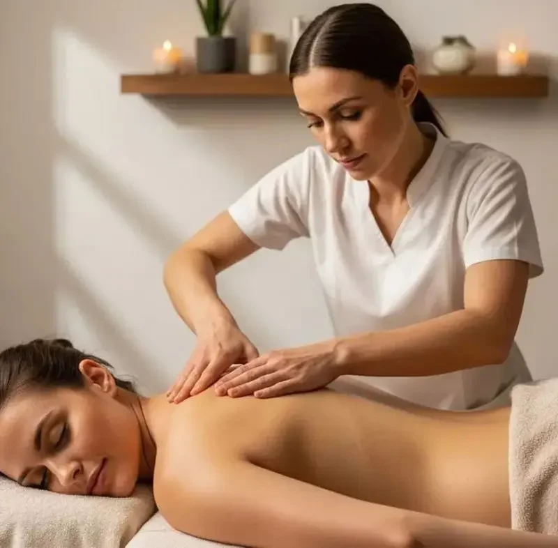 Professional Deep Tissue Massage Therapy in a Relaxing Spa Setting A massage therapist performing a deep tissue massage on a woman lying face down on a massage table in a calm spa environment with candles and warm lighting.