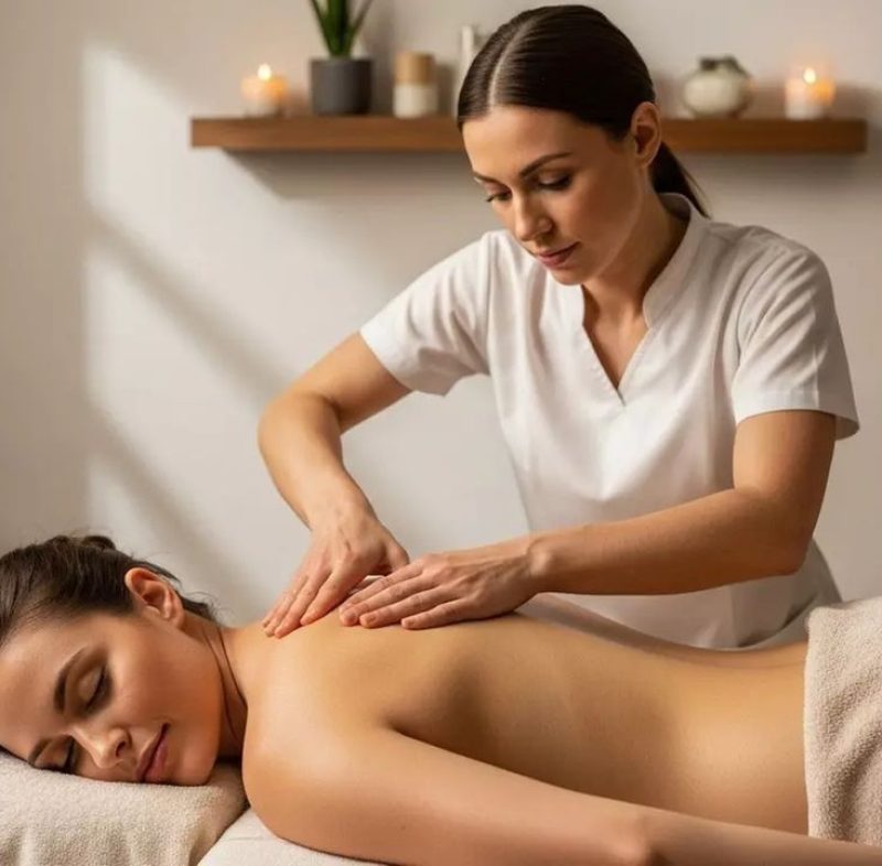 A massage therapist performing a deep tissue massage on a woman lying face down on a massage table in a calm spa environment with candles and warm lighting.